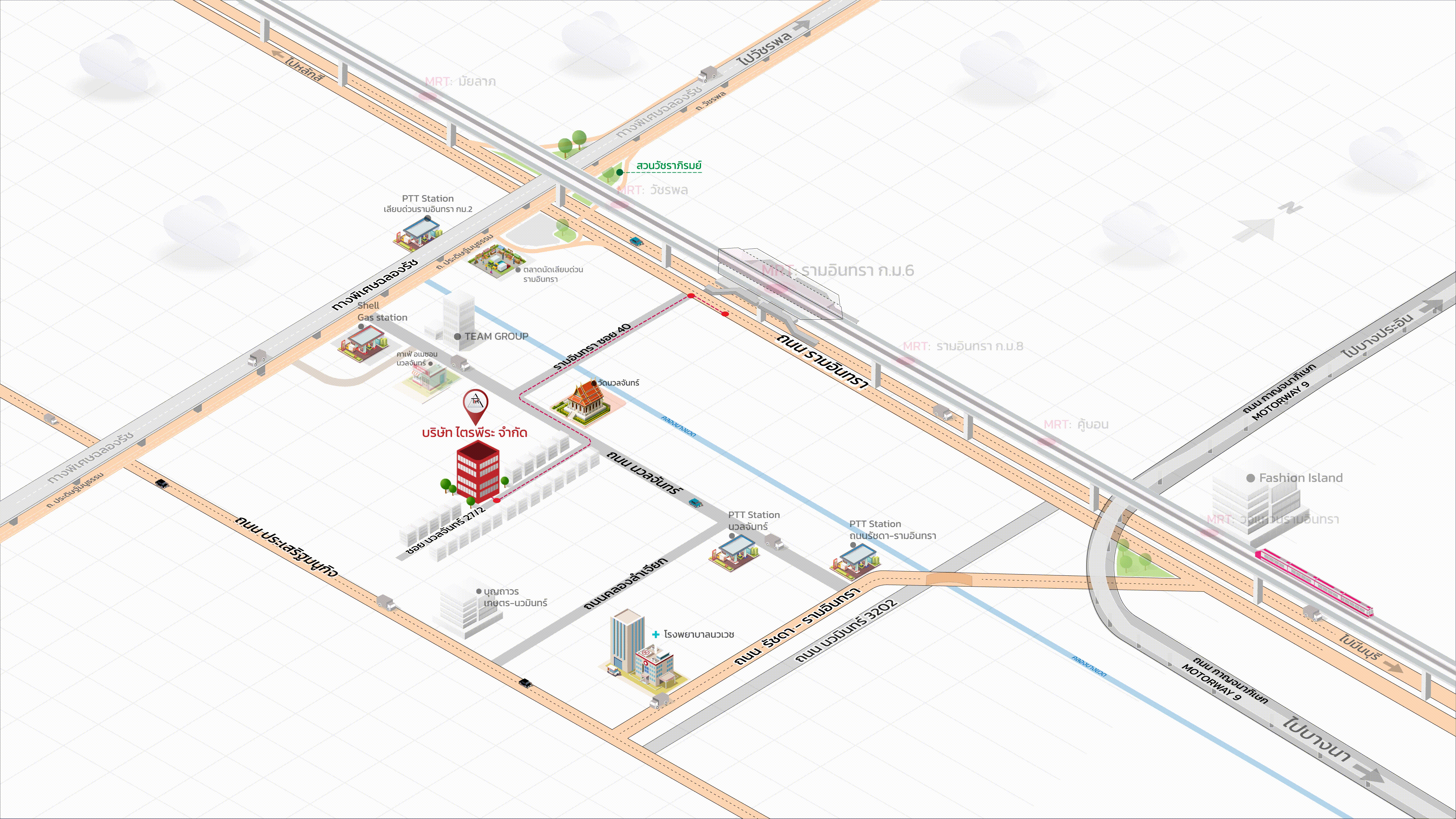 แผนที่แสดงที่ตั้งบริษัท ไตรพีระ จำกัด บนถนนนวลจันทร์ เขตบึงกุ่ม กรุงเทพมหานคร